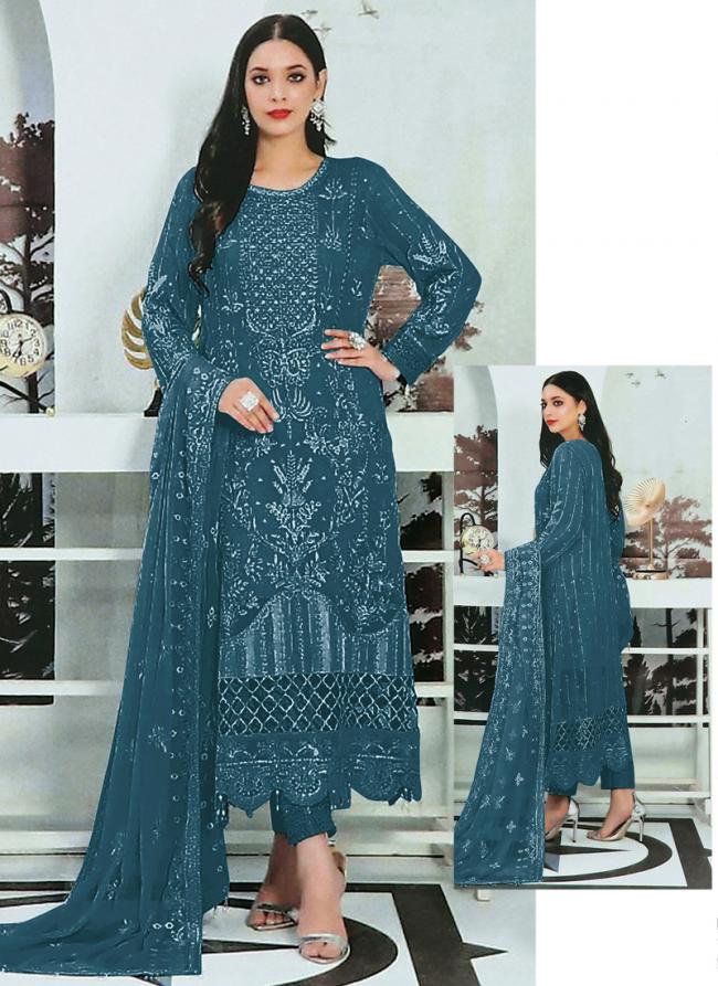 Faux Georgette Blue Traditional Wear Embroidery Work Pakistani Suit